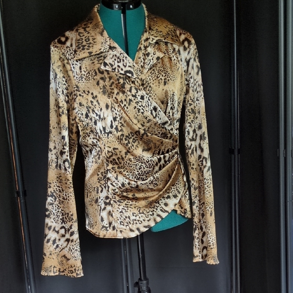 Karen Kane Tan and Brown Wrap Blouse with Notched Collar